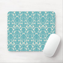 French Ornament Vintage Floral Damask Blue, White Mousepads