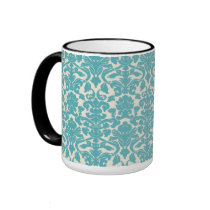 French Ornament Vintage Floral Damask Blue, White Coffee Mugs