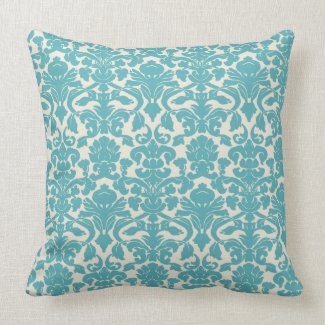French Ornament Vintage Floral Damask Blue, White Throw Pillow