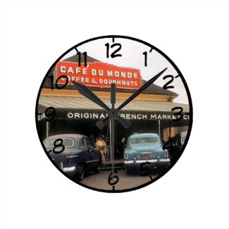 French Quarter Coffee Stand 1950 Round Wallclocks