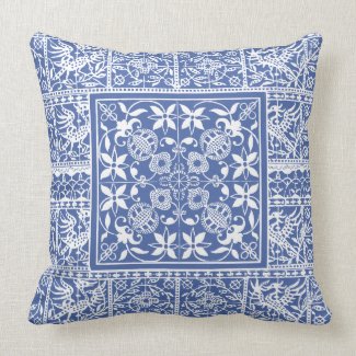 French Renaissance Blue White Lace Flowers Birds Throw Pillow