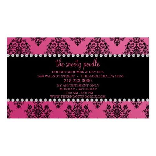 French Rose Pink Jeweled Damask Dog Grooming/Spa Business Card (back side)