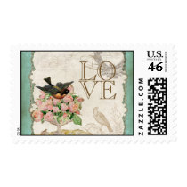 French Roses Love Birds Swirl Vintage Lace - Aqua Stamp