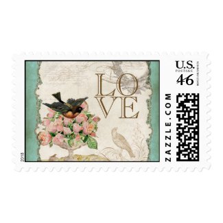 French Roses Love Birds Swirl Vintage Lace - Aqua Stamp