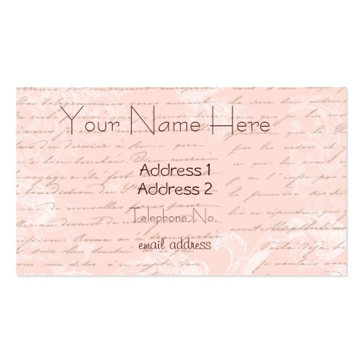 French Script Writing and Scrolls on Pink Business Cards (back side)