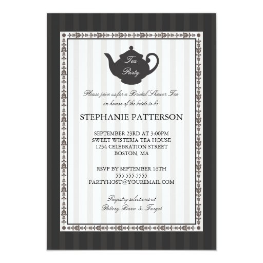 French Stripe Chic Bridal Shower Tea Party Custom Invites
