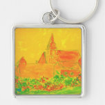 french village watercolour keychain