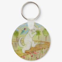 Frenchy talking to Humingbird keychains
