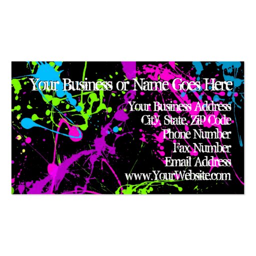 Fresh Retro Neon Paint Splatter on Black Business Card (front side)