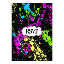 Fresh Retro Neon Paint Splatter on Black Personalized Announcements
