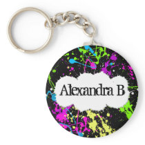 Fresh Retro Neon Paint Splatter on Black Keychains