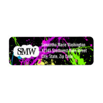 Fresh Retro Neon Paint Splatter on Black Return Address Labels
