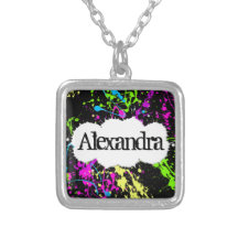 Fresh Retro Neon Paint Splatter on Black Pendant