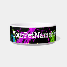 Fresh Retro Neon Paint Splatter on Black Cat Water Bowl