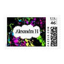 Fresh Retro Neon Paint Splatter on Black Postage Stamp