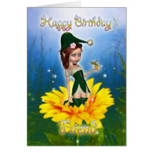 Friend, Birthday Card - Fantasy Cute Elf On Sunflo