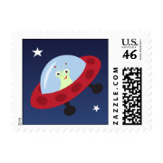 Friendly alien in spaceship postage stamps