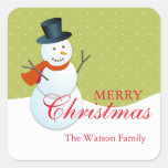 Friendly snowman north pole green xmas holiday square sticker