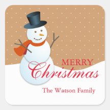 Friendly snowman north pole tan christmas holiday square sticker