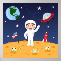 Friends in space, cute kids cartoon wall art poster