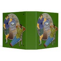 Friends talking at desk by computer stone wall vinyl binders