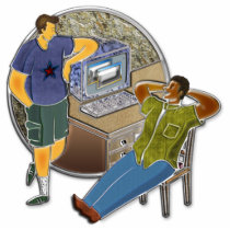Friends talking at desk by computer stone wall sil photo cut outs