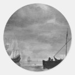 Frigate And Fishing Boat In Calm Seas By Vlieger Round Stickers