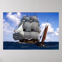 frigate with small sailing boat poster