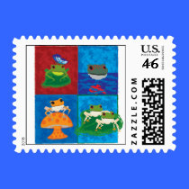 Frog, Frog with fish, frog with butterfly, Frogs stamps