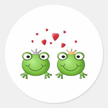 Frog Prince and Frog Princess, with hearts. Round Stickers