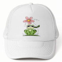Frog with flower trucker hat