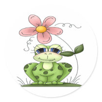 Frog with flower round sticker