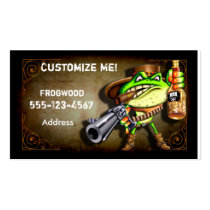 old west, cowboy, frog, reptile, tree, gun, slinger, attitude, bad, saloon, funny, cartoon, scroll, vintage, a little twisted..., Business Card with custom graphic design
