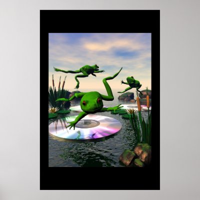 Frogs Jumping on CD Lily Pads Posters by kentbingham