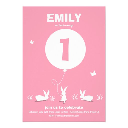 From Lucy: BUNNY BALLOON | Pink Kids Birthday Custom Invitations
