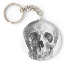 Frontal view drawing of a human skull key chain