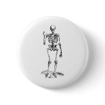 Frontal vintage drawing of a waving skeleton pin