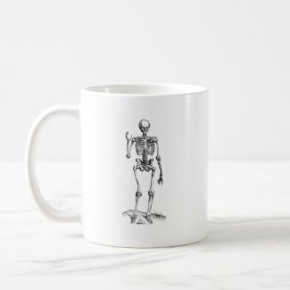 Frontal vintage drawing of a waving skeleton mug