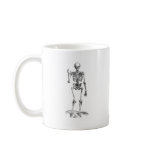 Frontal vintage drawing of a waving skeleton mugs