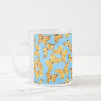 Frosted Glass Mug, Golden Butterflies on Sky Blue