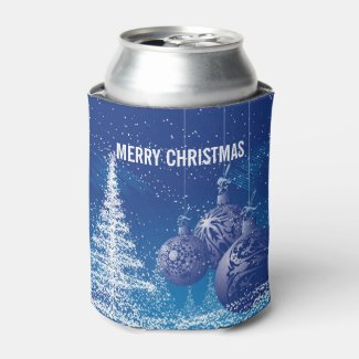 Frosty White Blue Christmas Ornaments Illustration Can Cooler