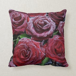 Frozen Dark Red Roses On A Grave Pillow