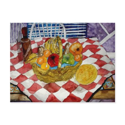fruit basket still life art postcards painting by dereklovessheila