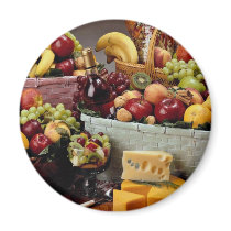 Fruit baskets, mixed fruit and cheeses fridge magnets