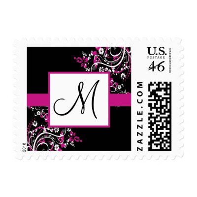 Fuchsia and Black Floral Monogram Postage Stamps