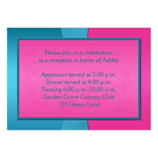 Fuchsia and Turquoise Reception Enclosure Card Business Card (back side)