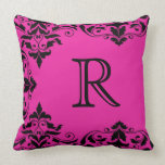 Fuchsia & Black Monogram Damask Pillow