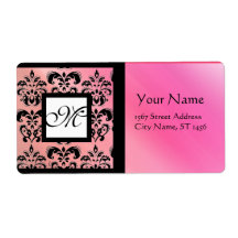 FUCHSIA BLACK PINK SILK DAMASK, SQUARE MONOGRAM SHIPPING LABELS