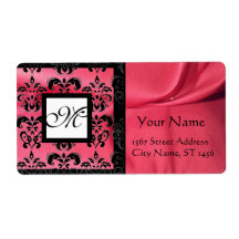 FUCHSIA BLACK PINK SILK DAMASK, SQUARE MONOGRAM SHIPPING LABEL