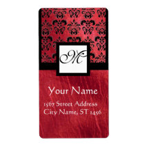 FUCHSIA BLACK RED SILK DAMASK, SQUARE MONOGRAM SHIPPING LABEL